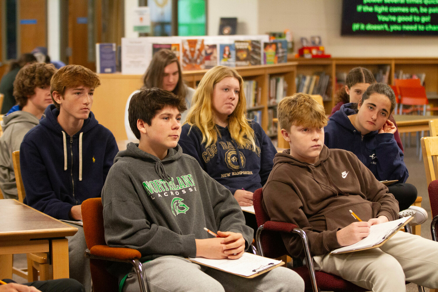 Jack Casey, Max Bilotta, Elizabeth Burchard, Logan Craft, and Blaine Elrich (from left) look on during the criminal investigation class.
