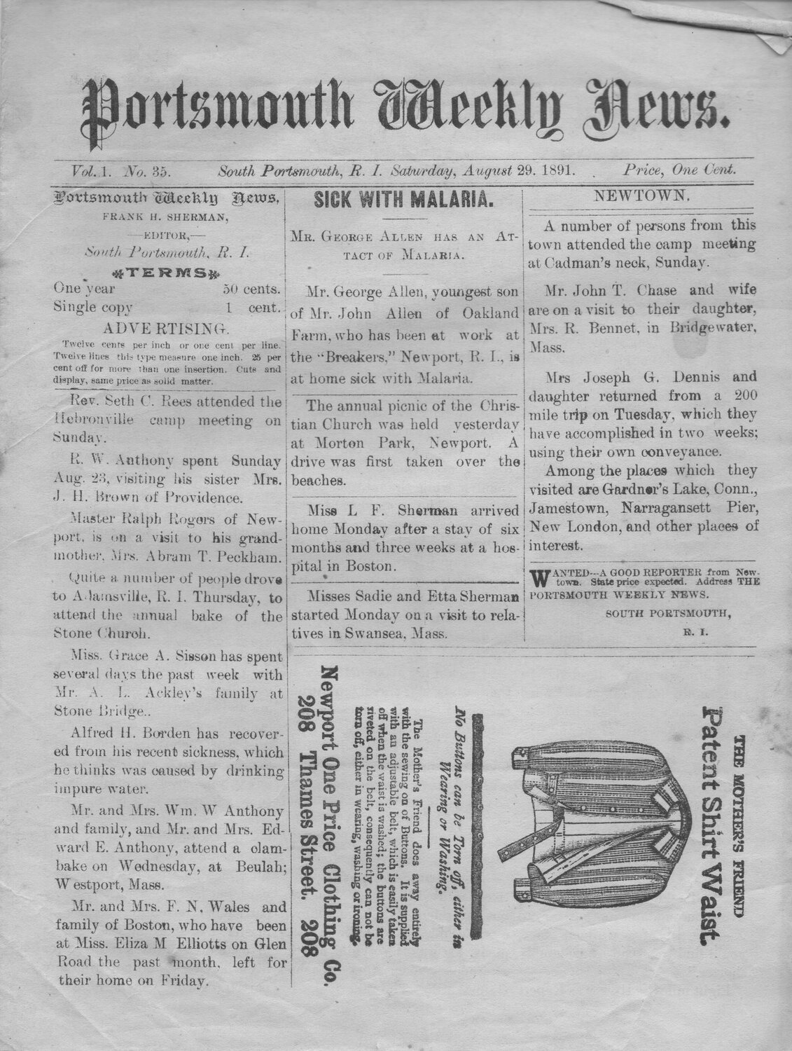 The front page of the Aug. 29, 1891 edition of The Portsmouth Weekly News, complete with an advertisement that ran sideways.