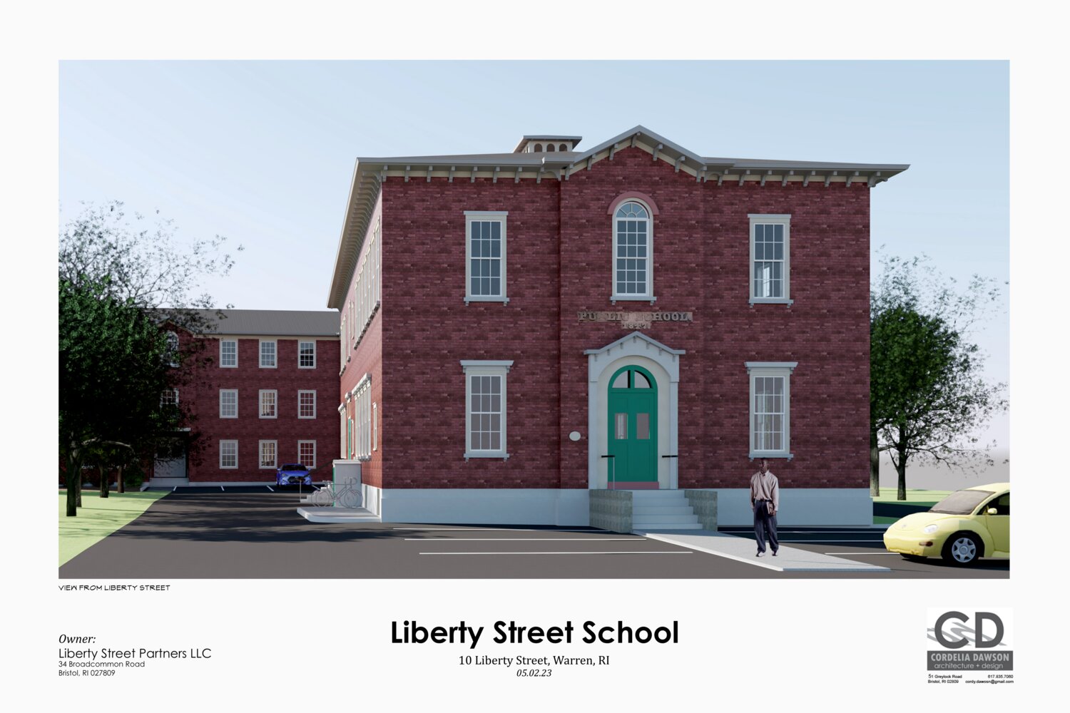 A rendering from the developers partially shows the new building behind the school. Members of the Warren Planning Board clarified they think the size and scope of the project is too big for them to sign off on it.