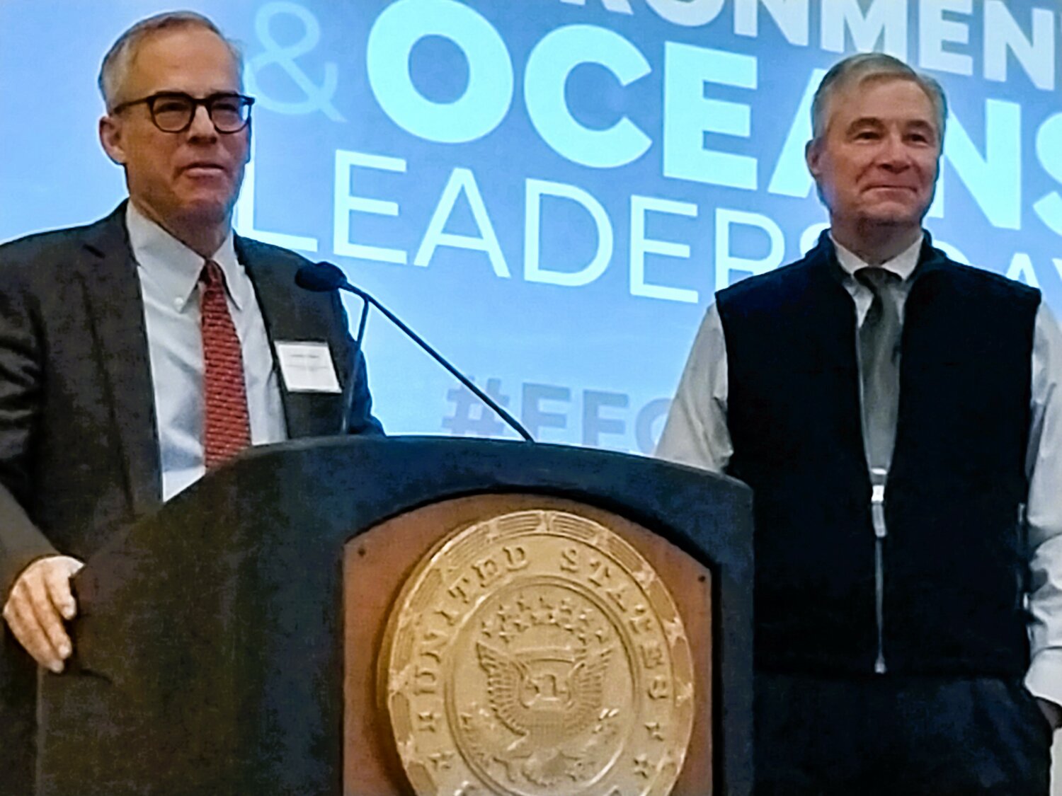 Jonathan Stone, former executive director of Save the Bay, was presented this year’s person of the year award  by Sen. Sheldon Whitehouse at the 14th Annual Energy, Environment and Oceans Leaders Day.