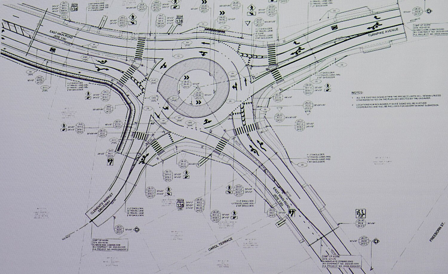 This RIDOT schematic, showing the layout of a roundabout proposed for East Main Road at Turnpike Avenue, was displayed at Thursday’s meeting. It was unclear how recent this illustration is, however.