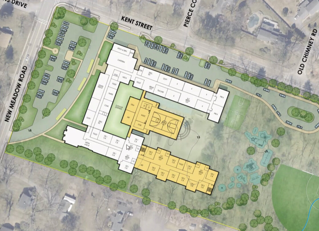 This image shows the possible layout of Hampden Meadows School, including a new gymnasium, and a two-story addition. It also shows new parking areas and student pick-up/drop-off zones.