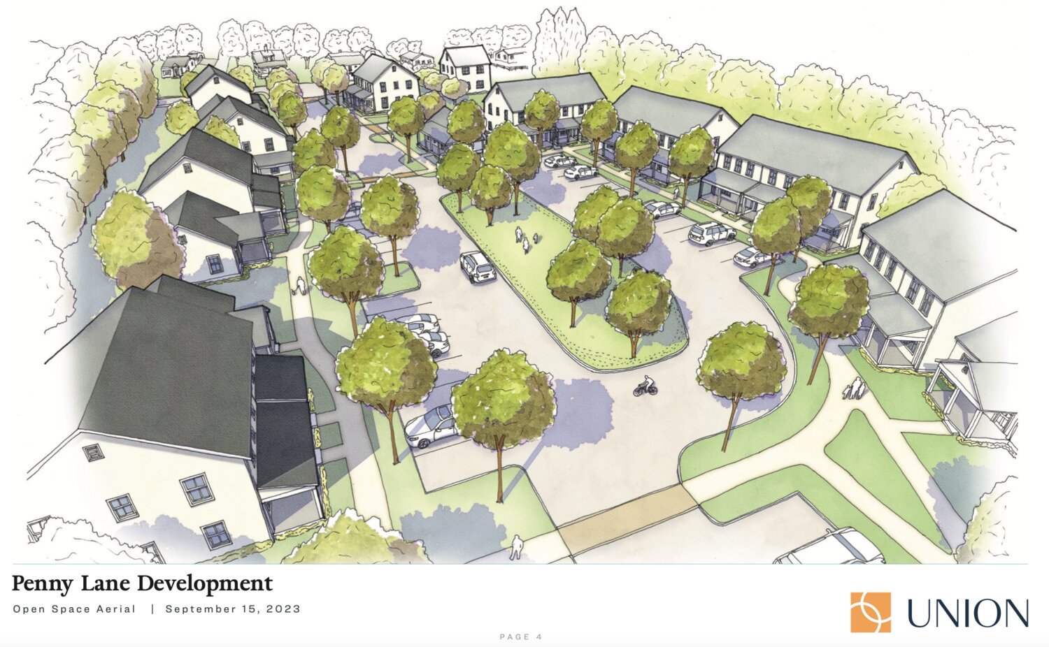 An overhead rendering of the proposed Penny Lane development shows the mix of townhouses with a green space in the middle. Each property would have multiple units and its own parking spaces.