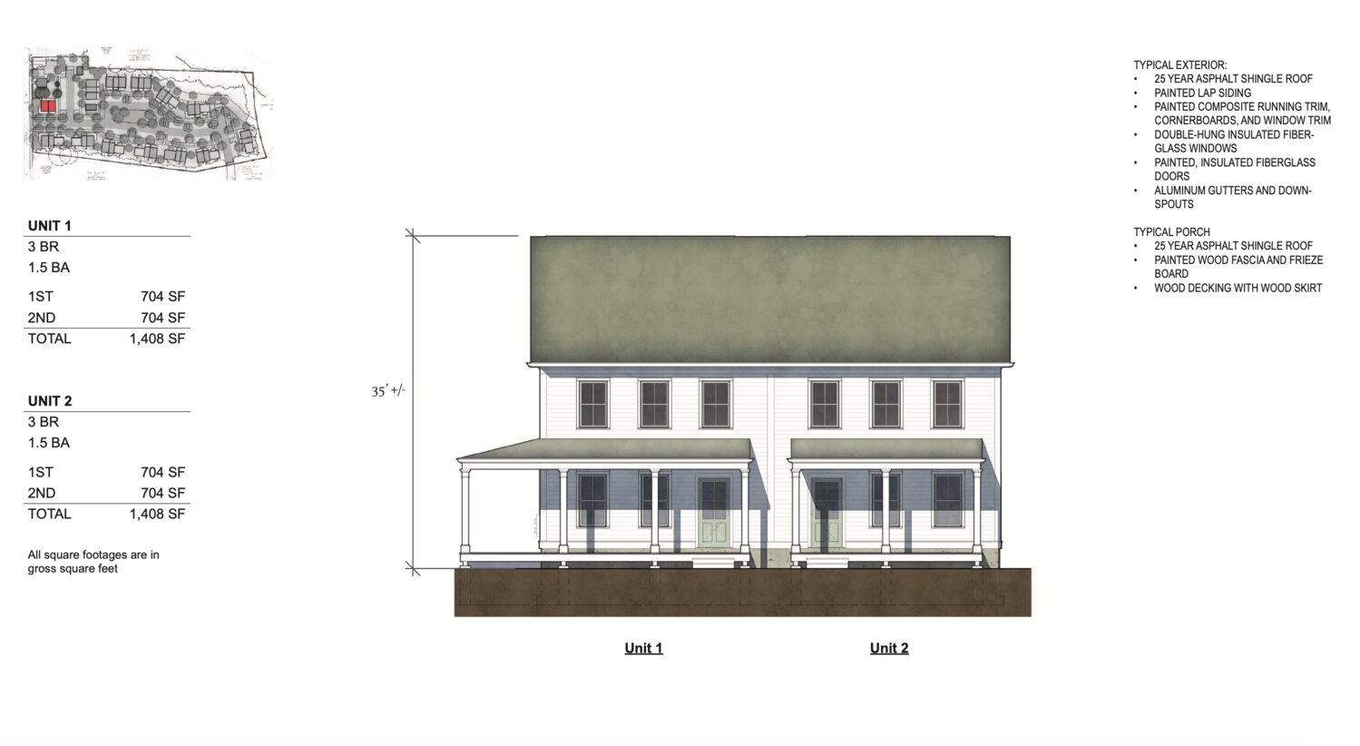 An elevation rendering shows what a two-unit townhouse would look like within the development.