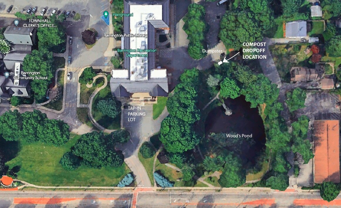 This overhead view of Barrington’s government center (town hall and library) shows the new compost drop-off site located east of Wood’s Pond near the Senior Center parking lot.