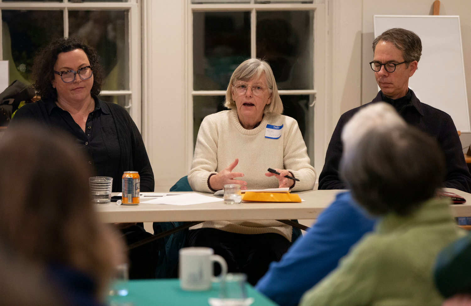 Susan Bodington, of the Little Compton Housing Trust, addresses the crowd at the United Congregational Church of Little Compton at a meeting called this past February to discuss the state of affordable housing in Little Compton.