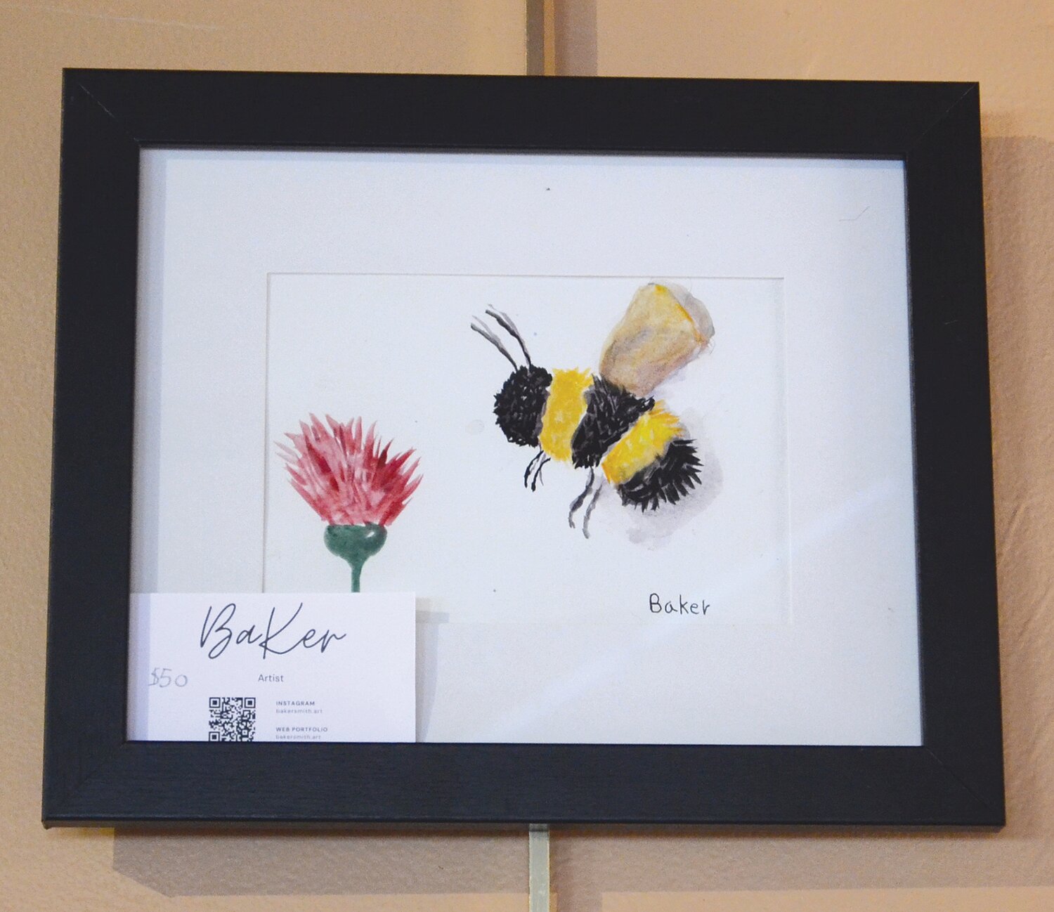 A bumblebee heads towards a flower in this piece.