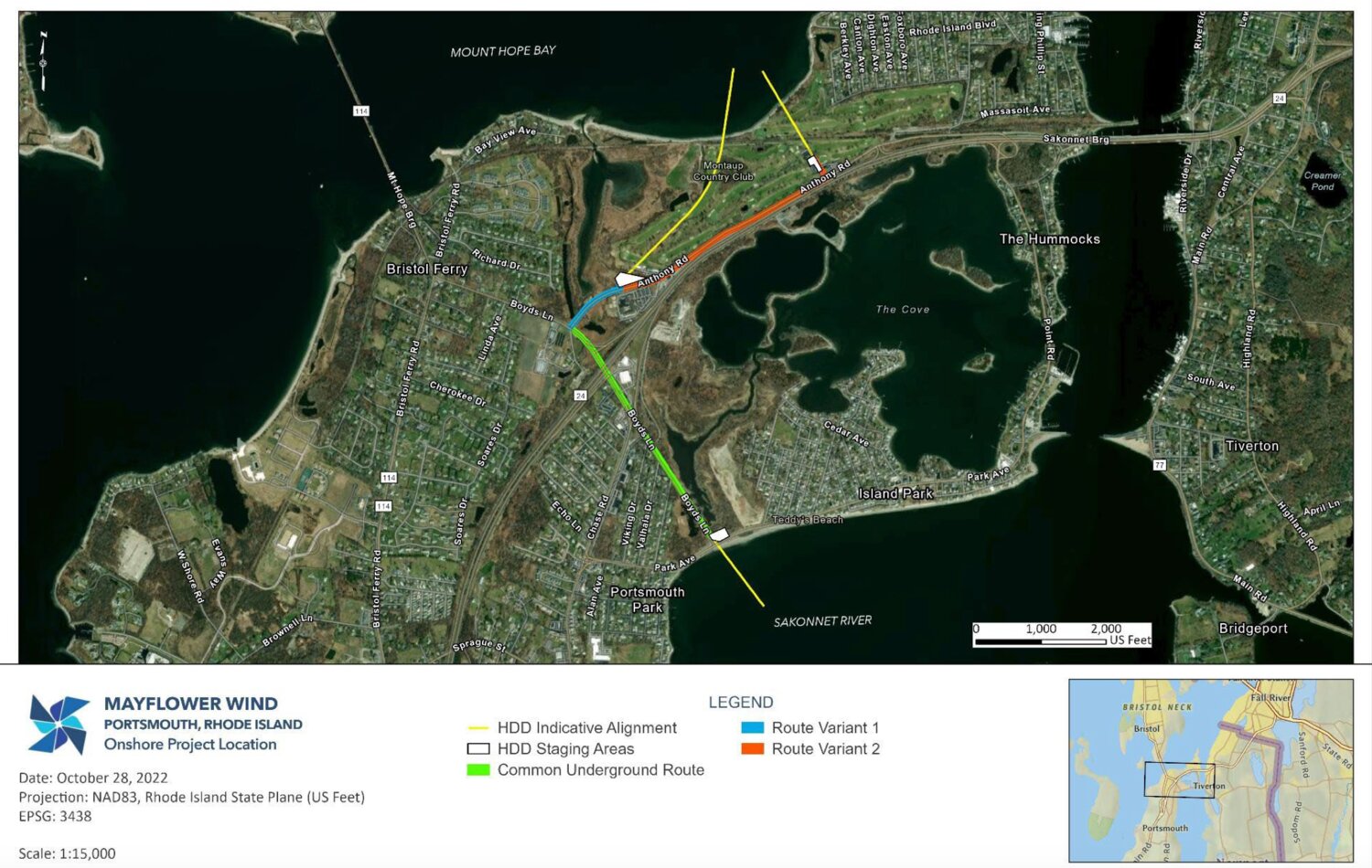 Map shows proposed route of SouthCoast Wind's transmission cables through Portsmouth.
