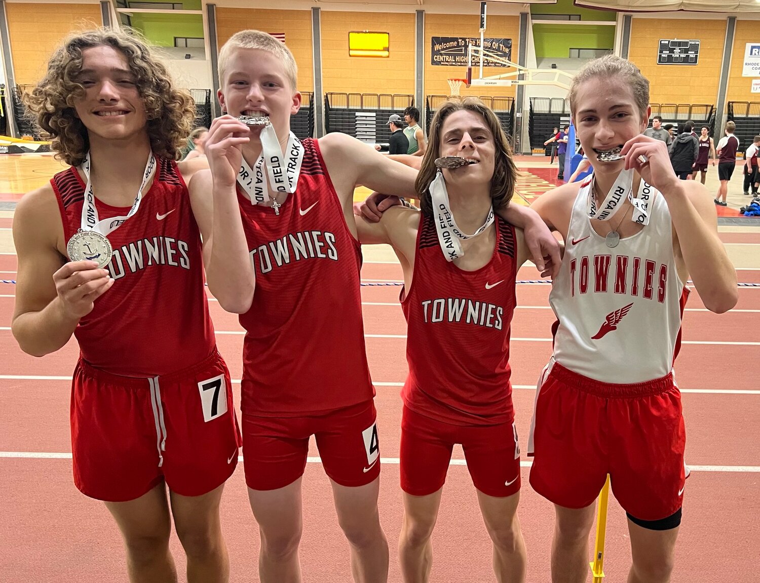 The EPHS 4x200 meter relay team of (left to right) Mac Prevete, Gerry Gagnon, Jack Pawlik and Gus Belanger placed third at freshmen state Tuesday, Feb. 6.
