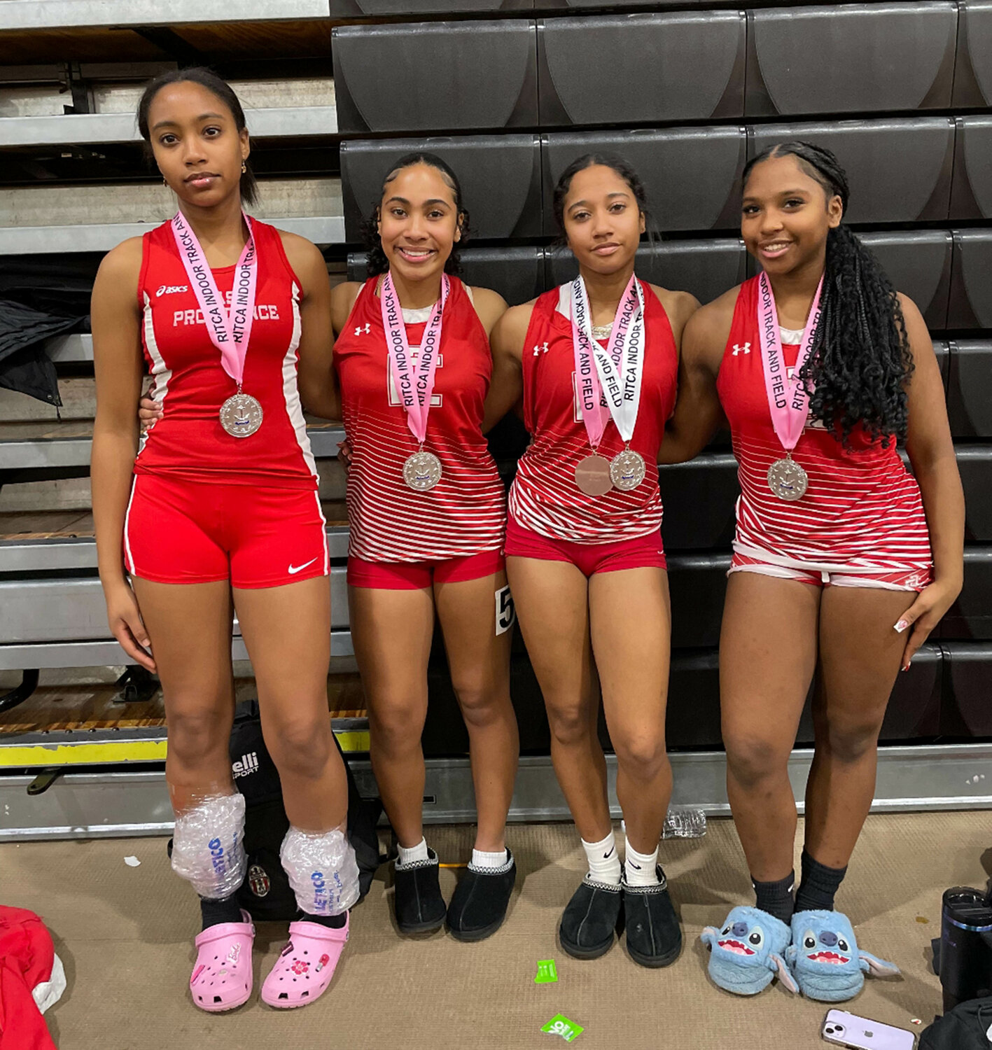 East Providence 4x200-meter relay team of Dania Solano (left), Janelle Amado, Gianna DosSantos and Genna DosSantos placed sixth during the freshmen state track meet at the Providence Career and Tech Academy on Tuesday night. 
 Gianna DosSantos also placed third in the 55-meter dash with a time of 7.70 seconds.