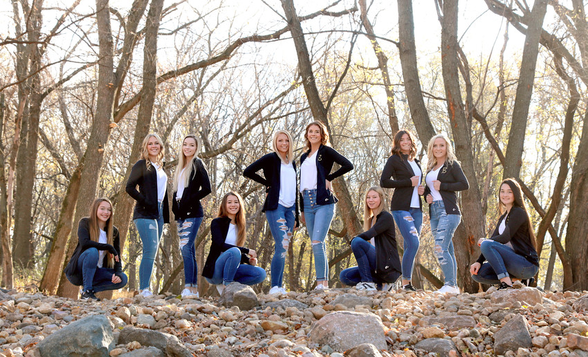 2021 ISDTA STATE CHAMPIONSHIPS -- The Emmetsburg Hawkettes will travel to Wells Fargo Arena for the ISDTA State Championships on Wednesday, Nov. 18 at 6 p.m. Pictured from left: Adriana Hill, Amber Embrock, Jenna Joyce, Connor Egland, Taylor Steinkamp, Macy McAllister, Emma Foxhoven, Delaney Joyce, Jessica Walker, and Laney Montag.