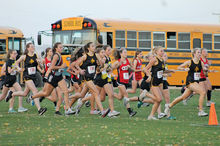 SECOND PLACE -- The E-Hawk varsity girls would earn a second place finish in Class A of the Dick Bell Invitational in Eagle Grove on Tuesday. Pictured, Emmetsburg runners (from left) Allison Fischer, Isabel Doyle, Taylor Steinkamp, and Izzy Householder pick up speed in the early stages of the race. Householder would place second in 22:01.
