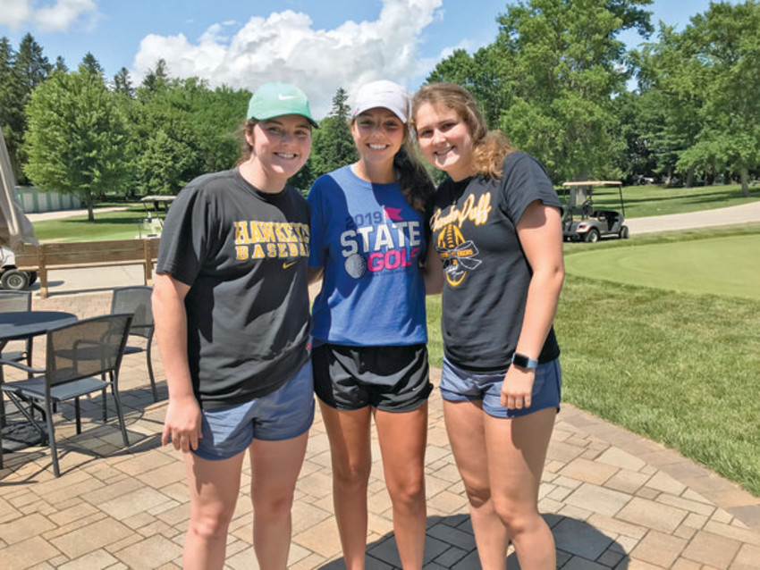 A THREE GAL BEST SHOT TOURNAMENT was held at Five Island Golf in Emmetsburg on Sunday. Pictured above (from left): Teammates Molly McCain, Somer Hudson, and Gretchen Hofstad would take first place with a score of 70. Hofstad would also hit the longest drive while McCain hit closest to the pin.                                        -- submitted photo