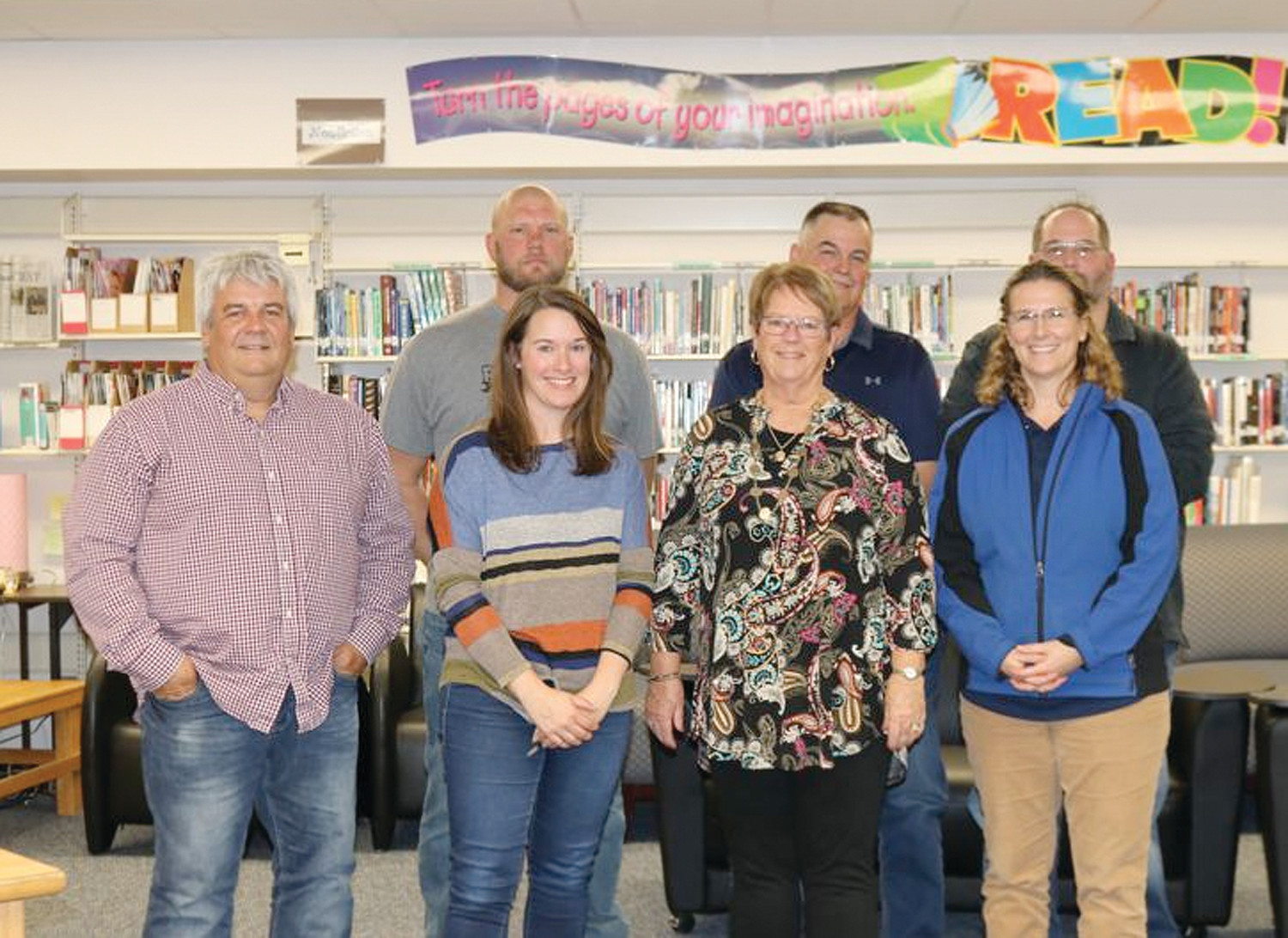 SCHOOL BOARD APPRECIATION MONTH-- Members of the Emmetsburg Community School District Board of Education are pictured (front, from the left) Scott Kibbie, Katy Thomson, Kathy Roethler, Board Vice President, and Jane Hoyman, Board President; (back) Aaron Dietrich, Bill Huberty and Val Morton. With the onset of COVD, the school board has been forced to make tough decisions impacting the health and safety of students and staff throughout the past year.