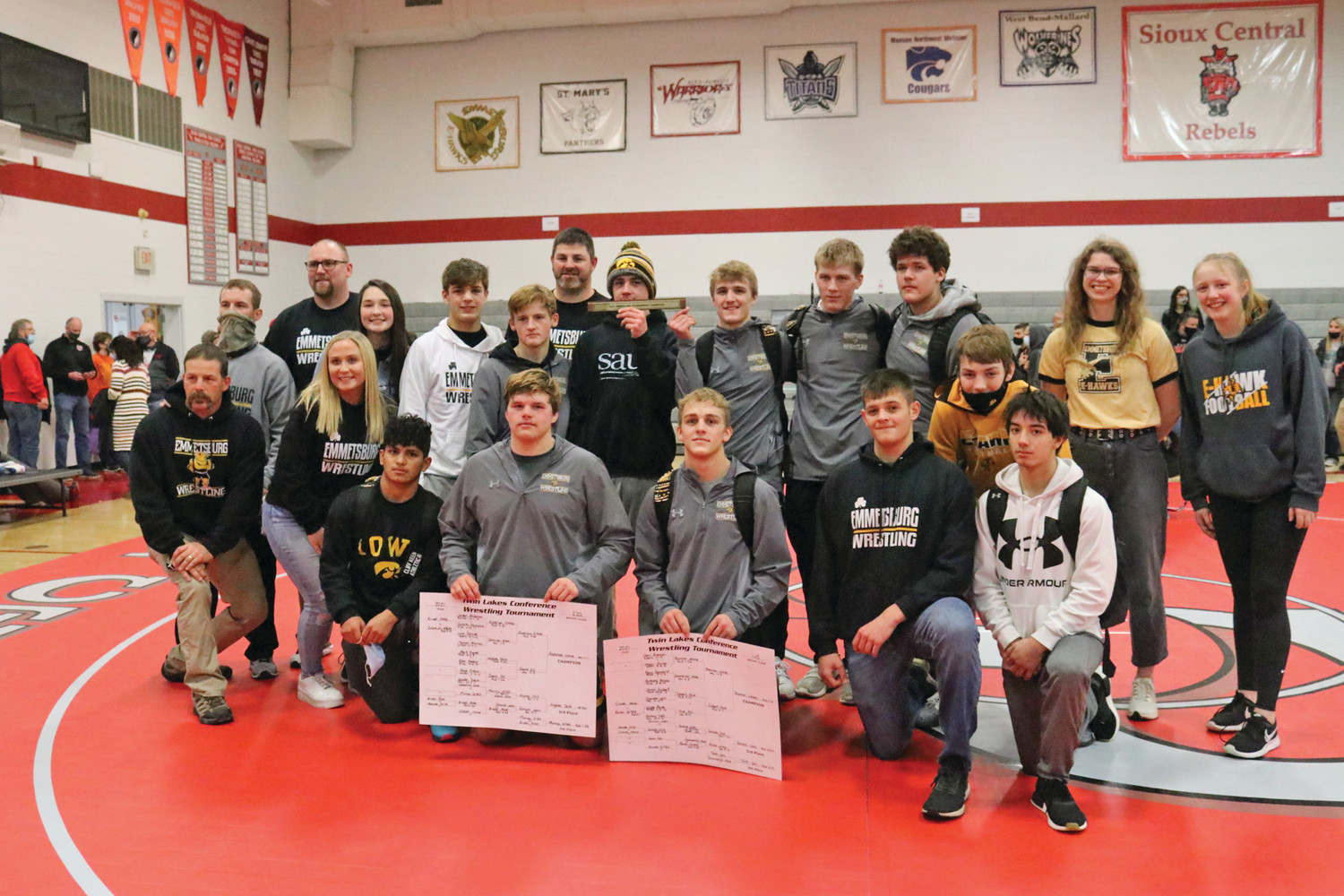 FIRST PLACE -- The E-Hawks would earn a first place team finish at the Twin Lakes Conference wrestling tournament on Saturday, along with two individual championship finishes from Sean Brennan at 145 pounds and Jordan Anderson at 220 pounds. -- submitted photo