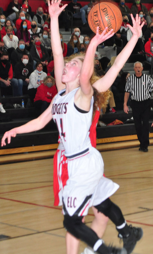 ELC&rsquo;s Jordyn Stokes drives in for two of her game-high 21 points on Wednesday. Photo by David Swartz