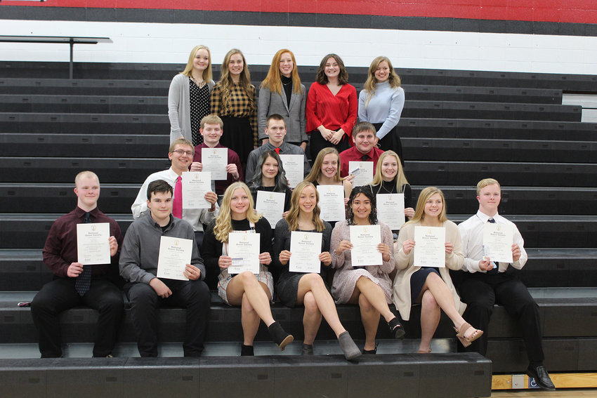 The 2020-21 Estherville Lincoln Central National Honor Society induction ceremony was held Tuesday at the high school gym. Senior members who were inducted last year conducted the ceremony. Current members of the ELC National Society are Tuesday&rsquo;s inductees are front from left, Cullen Bixby, James Williams, Madison Norton, Abbigail Sander Jasmine Mata Diaz, Gabrielle Paul, Blake Bixby; second row: Gary Gardner, Kory Rezac, Maggie Domek, Amara Heinrichs; third row: Brendan Finley, Cole Danner, Alex Jensen; and back row: seniors inducted in 2019&mdash;Kendyl Ruschy, Adelee Reinhardt, Adrienne Rosfjord, Allison Young, and Emma Ross.