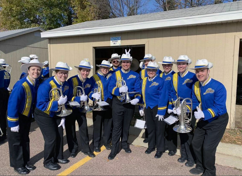 Cora Brandt, second from left, takes a break with a group of friends from SDSU Marching Band. Cora said being part of the band helped her adjust to university and make friends right away.   Photo submitted