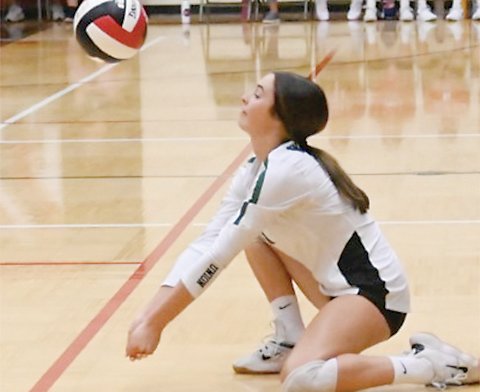 North Union libero Ella Ulrich digs up a ball in the back row during tournament play in Garner last Saturday.  Photo by Kim Meyer, Bancroft Register