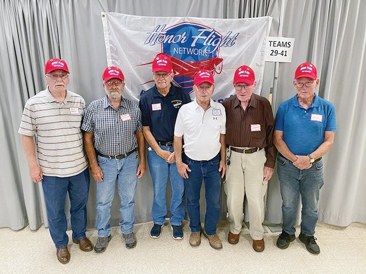 Six Emmet County Veterans traveled to Washington, D.C. as part of the Brushy Creek Honor Flight on August 27. From left: Mike Pattison, Howard Metzger, Glen Roberts, George Heldt, Keith Godfrey, and Jack Bixby.   Photo courtesy of Emmet County Veterans Affairs