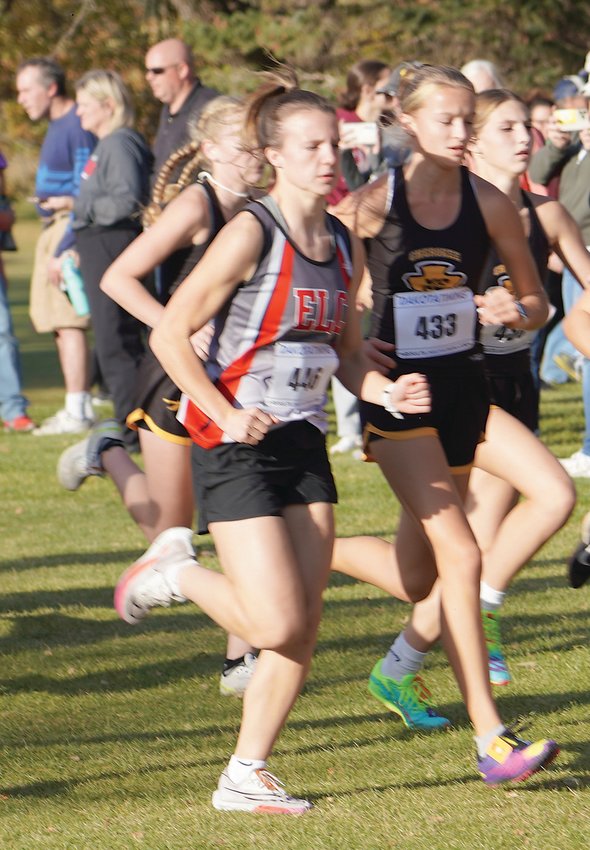 ELC&rsquo;s Jasey Anderson runs to the head of the pack at the start of Monday&rsquo;s race.  Photo by David Swartz