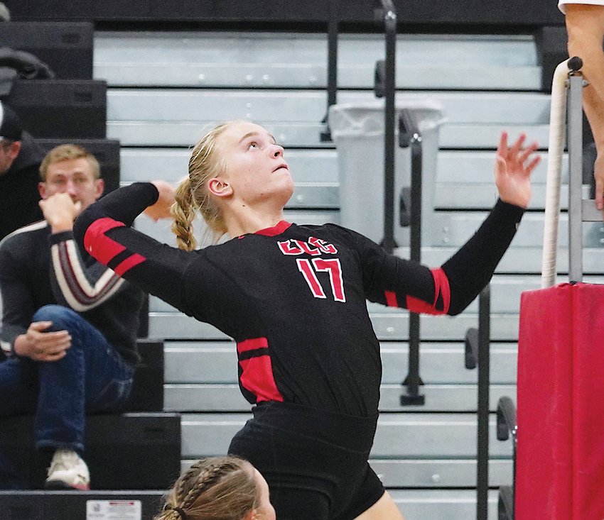 ELC sophomore Hillary Ruschy goes on the attack during the regional quarterfinal match on Monday, Oct. 17 versus Algona.  Photo by David Swartz