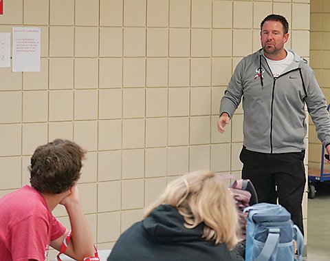 ELC Middle School Principal Brad Nelson informs staff about the middle school&rsquo;s honor for improved learning last Friday.  Photo by David Swartz