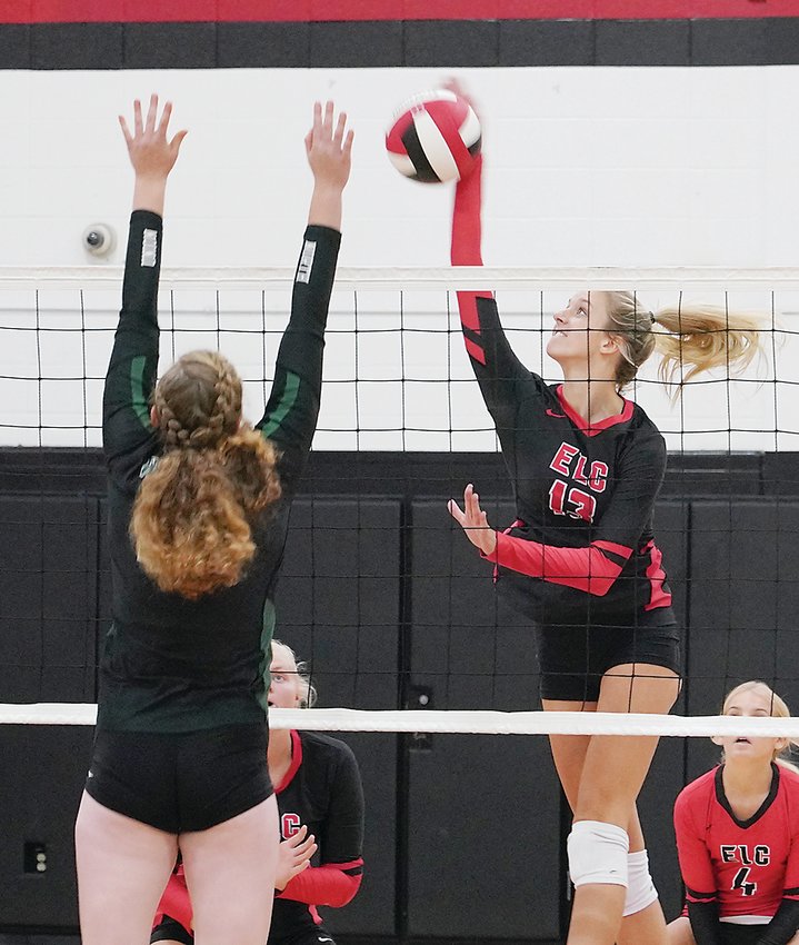 ELC sophomore middle hitter Haley Nissen was a unanimous first team selection for the 2022 Lakes All-Conference Volleyball Team.  Photo by David Swartz