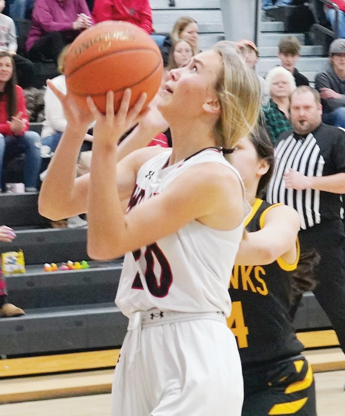 Estherville Lincoln Central sophomore Rylee Yager (20) is now averaging 10 points per game through the first seven games of the season for the Midgets. ELC returns to action next Thursday at Newell-Fonda.  Photo by David Swartz