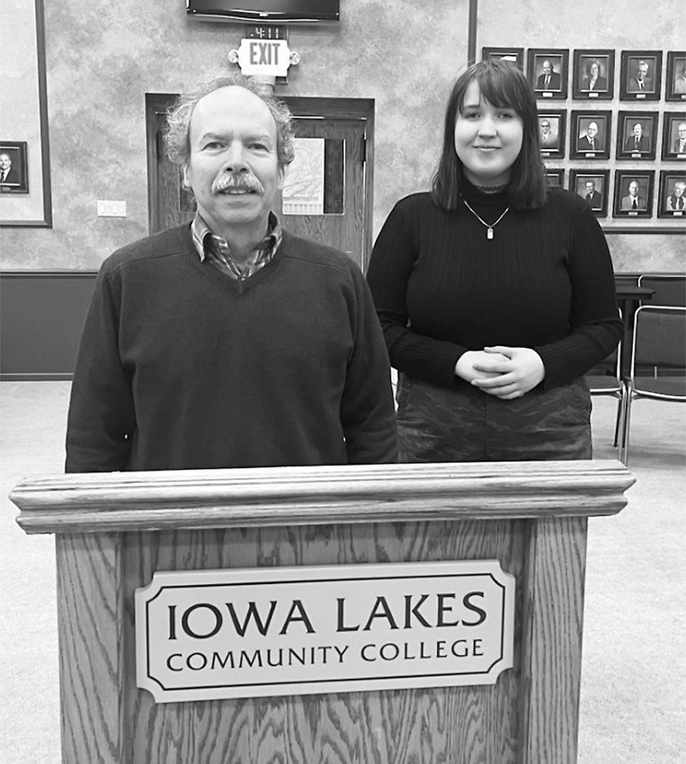 Mark Rosenberg, Graphic Design Program Coordinator at Iowa Lakes Community College, and Vanessa Reardon, Graphic Design student, spoke at the Board of Trustees meeting on January 17.