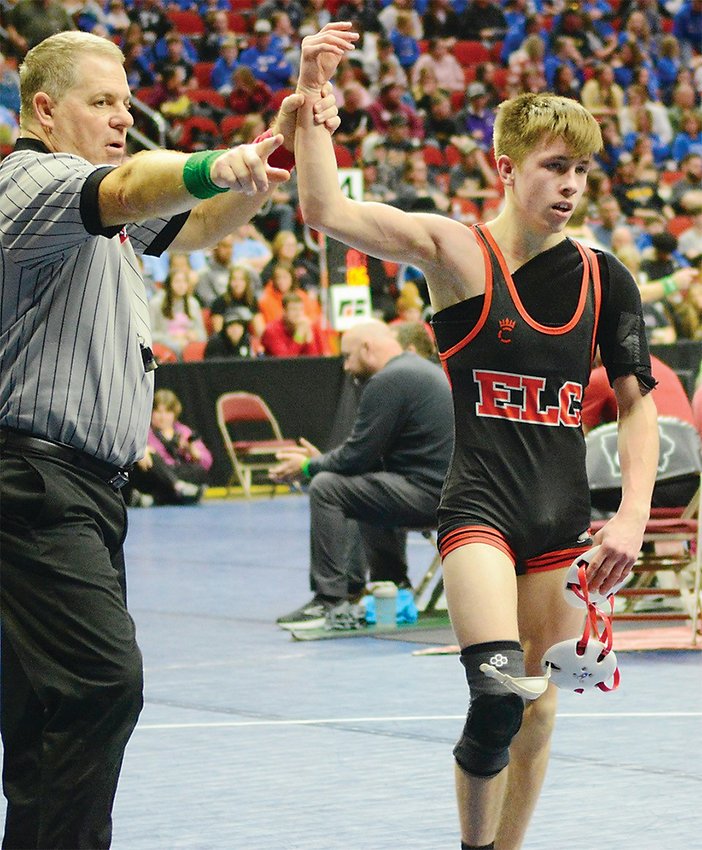 ELC junior Austin Hansen earned a couple of wins at 106 pounds in Class 2A, but came short of a medal in his first trip to the state tournament last week.  Photo courtesy Phil Monson, Humboldt Independent