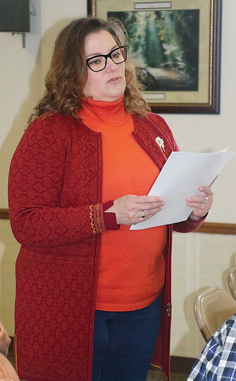 Stacie Berg-Nelson, founder of the Peterson Point Preservation Foundation, spoke to Emmet County Historical Society members at their Sunday, Feb. 26 annual meeting at the Wallingford Lutheran Church.  Photo by Michael Tidemann
