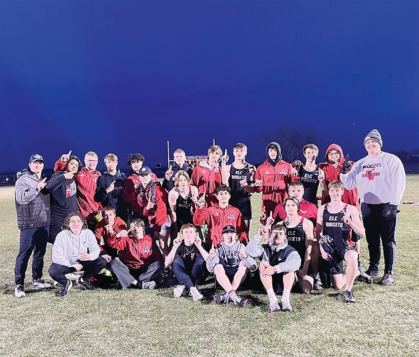 The Estherville Lincoln Central Boys Track Team celebrates its first-place finish at the 2023 John Larson Relays in Armstrong on Thursday, April 27.  Photo submitted