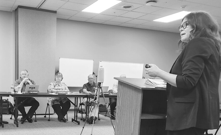 The Iowa Lakes Community College Board of Trustees heard about program reviews from Emmetsburg campus Dean Kyle Norris and Estherville campus Dean Erin Latona (above) at the board&rsquo;s Tuesday, June 20 meeting in Spencer.