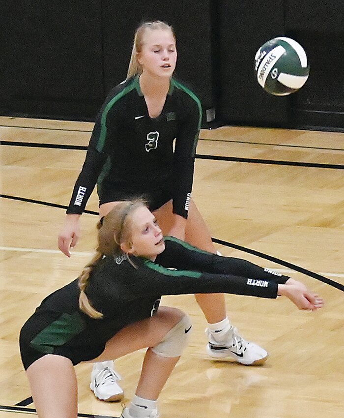 North Union&rsquo;s Beth Streuber (3) watches teammate Brylie Deim pass ahead during a match in Armstrong last week.
