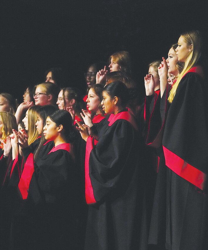 Under the direction of Kameron DeMoss, the 2023-24 Estherville Lincoln Central High School Choir held a brief concert at Iowa Lakes Community College&rsquo;s Janice K. Lund Performing Arts Center Tuesday evening. For more pictures from the event, turn to Page 10 A of today&rsquo;s Estherville News.