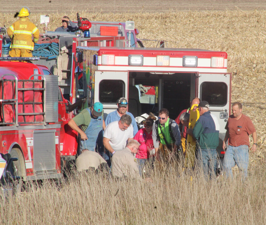 Area firefighters responded to a combine fire south of Estherville Tuesday afternoon.