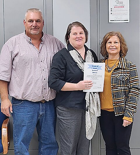 Emmet County Board of Supervisors Chair Todd Glasnapp, left, and Emmet County Assistant Auditor Roxanne Budach, right, with Heidi Goebel, center, who was appointed county auditor at the Tuesday, Oct. 24 Emmet County Board of Supervisors meeting to fill the unexpired vacancy of Emmet County Auditor Amy Sathoff.