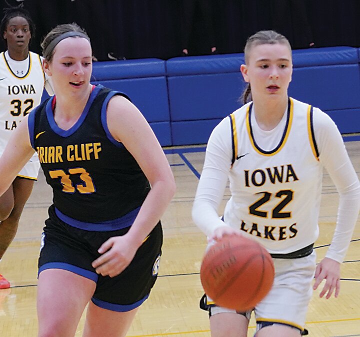 Iowa Lakes freshman Alexandria Wolff (22) pushes the ball ahead on a fast break opportunity during the Lakers&rsquo; home game earlier this season.