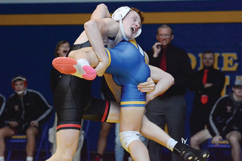 ELC&rsquo;s Layton Yager picks up his opponent during last week&rsquo;s dual meet against Humboldt. Yager also was a perfect 4-0 this past weekend at a dual tournament hosted by MOC-Floyd Valley.
