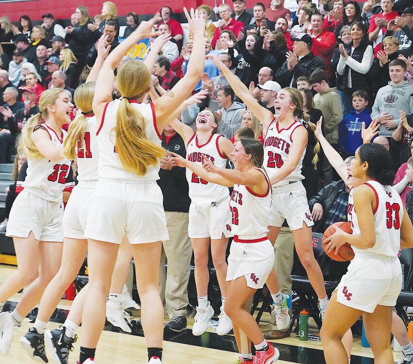 As the buzzer sounds at the Class 3A Region Final in Estherville on Saturday, ELC players begin celebrating their return to the Class 3A Girls State Basketball Tournament for the third straight year.