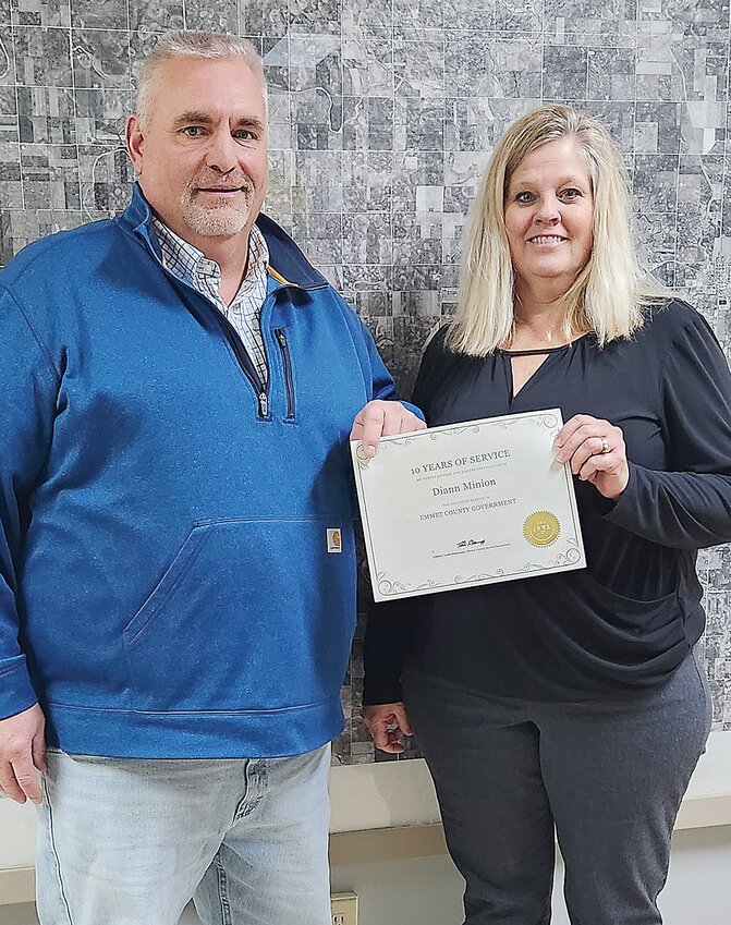Emmet County Recorder Diann Minion also received an award for her 11 years of service from Emmet County Board of Supervisors Chair Todd Glasnapp.
