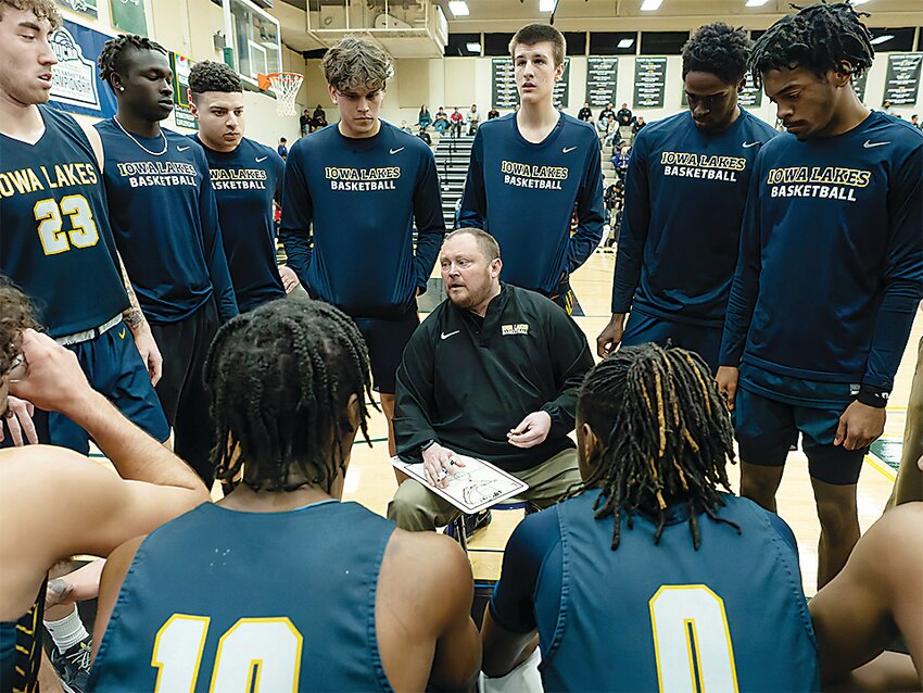 A long-time Iowa Lakes assistant coach prior to this season, now head coach Jason McKinney led the Lakers to the NJCAA National Div. II Tournament in his first year. Above, McKinney talks to his team during a timeout during Monday’s first-round game against Milwaukee Area Tech. The Lakers’ consolation game was Wednesday after press deadline.