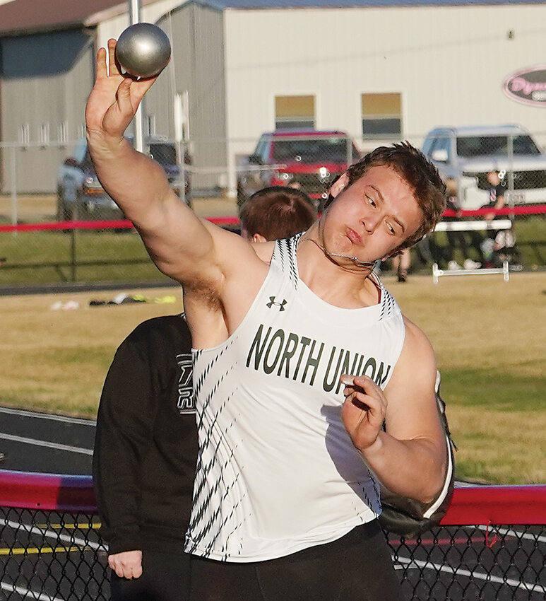 North Union senior Colin Rasch releases a throw in the shot put at the 102nd Dick Barrett Relays in Estherville last Friday.