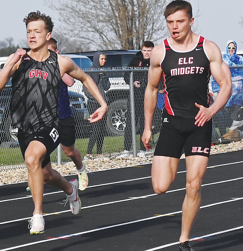ELC’s Ryan Leonard, right, races to the front at the John Larson Relays last week in Armstrong.
