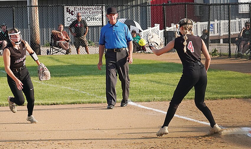 ELC second baseman Tatum Dunlavy underhands the softball to first baseman Kacie Brechwald during last week’s win over Storm Lake. The Midgets have not allowed a run in five Lakes Conference games this season.