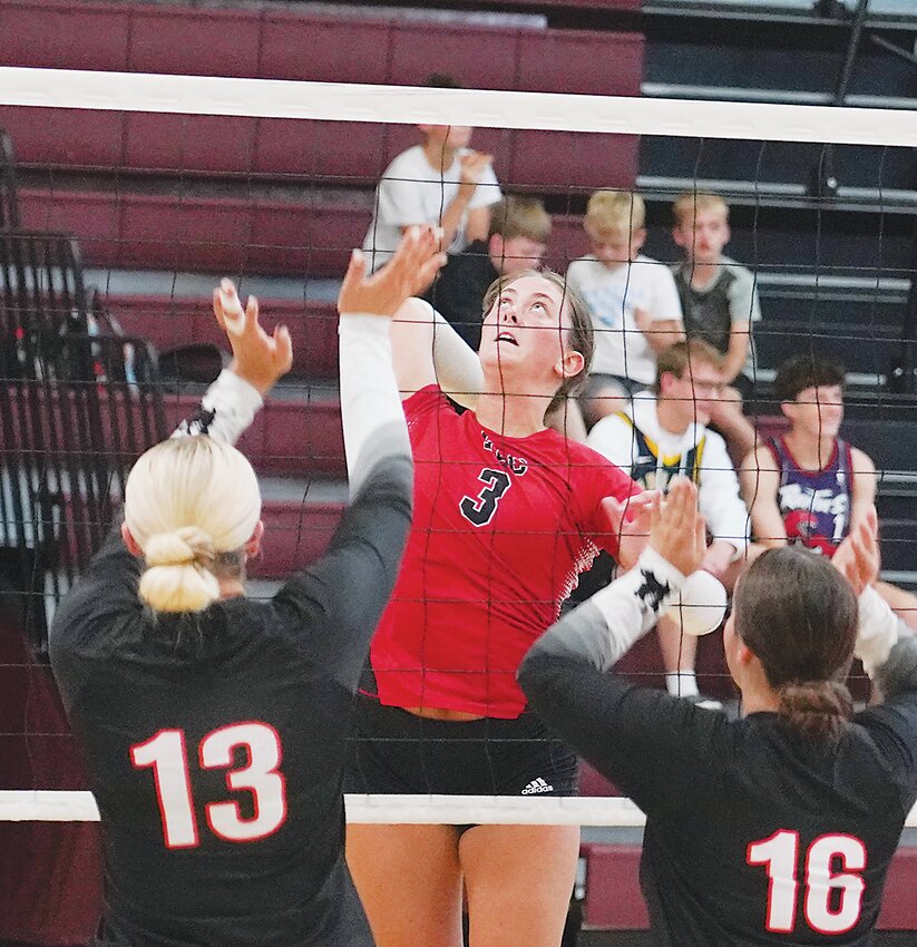 ELC’s Taylor Kloucek (3) goes on the attack at the Okoboji quad meet on Tuesday. Kloucek had 23 kills on the season prior to the meet. Look for results from the Okoboji quad in next week’s edition of the Estherville News.