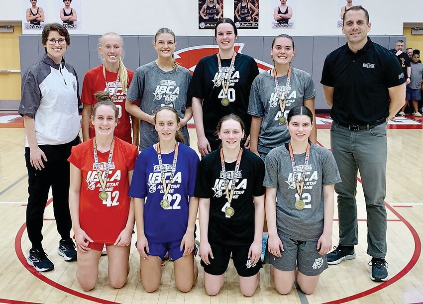 Estherville Lincoln Central&rsquo;s Haylee Stokes, third from left in the front row, was named to the all-tournament team at the Pizza Ranch Iowa Basketball Coaches Association All-Star Tournament Saturday at Dallas Center-Grimes High School. Stokes played for the Northwest team, which went 1-1 on the day.