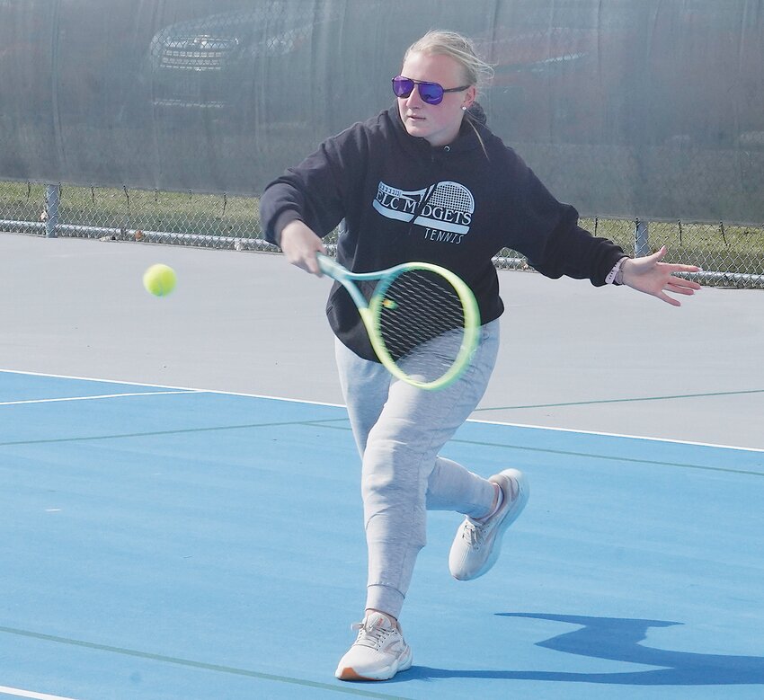Junior Megan Lausen is starting the season as Estherville Lincoln Central’s top player. Above, Lausen hits a return during her match against Cherokee, which was halted due to rain. The dual will be completed when ELC travels to Cherokee on May 1.