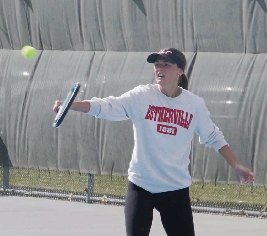 While Estherville Lincoln Central’s match against Cherokee was halted by rain, the girls’ tennis team has already played twice—last Thursday’s meet at Storm Lake and a tournament Saturday in Spencer. Above, Hope Pytleski hits a return during Monday’s dual with Cherokee.
